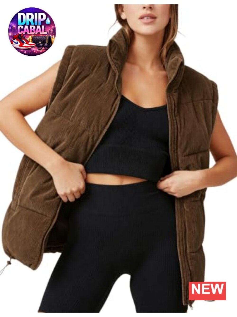 Corduroy Puffer Vest Zip Up Stand Collar Sleeveless Jacket